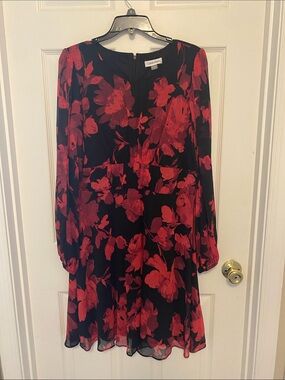 Calvin Klein Black Long-Sleeve Dress with Red Floral Print
